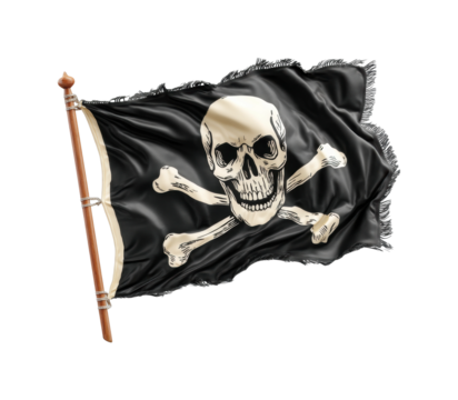 Pirate flag waving in the wind coastal location graphic design nautical theme view isolated on transparent background, png