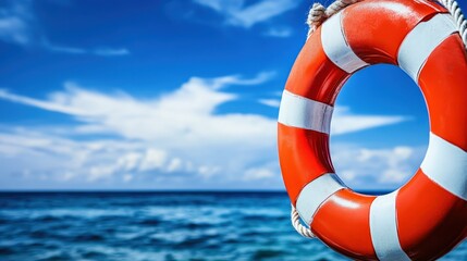 Naklejka premium Vibrant orange and white lifebuoy floating on the ocean with a clear blue sky and white clouds in the background, safety equipment on water