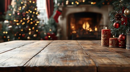 Rustic wooden table with christmas decorations in the background.