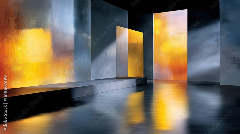 Poster modern art installation with reflective metallic surfaces and illuminated rectangular openings creat