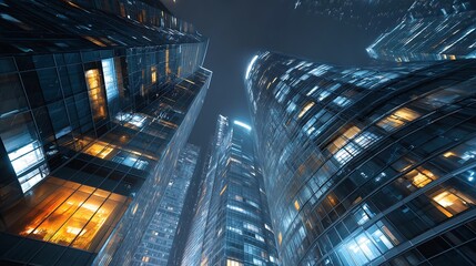 Night Cityscape: Low Angle View of Illuminated Skyscrapers