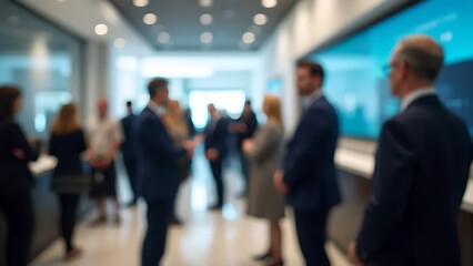 Blurred view of bank interior with blurred service counter and blurred group of people in background. Glowing bank logo above counter.