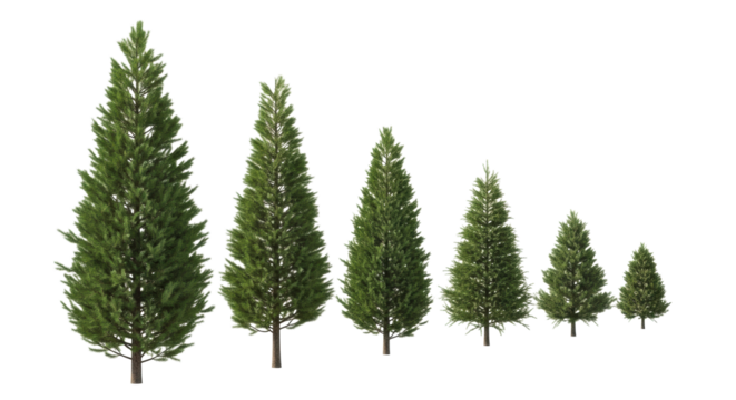 Five distinct coniferous trees (pine, spruce, fir) with lush green needles & textured bark, arranged largest to smallest, isolated against a transparent background with studio lighting & high