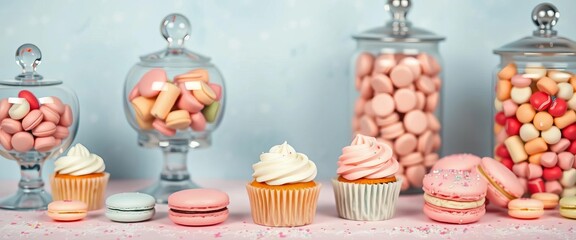 Pastel cupcakes, macarons, candy jars; whimsical dessert table, playful theme, pastel,  cupcakes