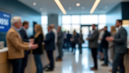Blurred view of bank interior with blurred service counter and blurred group of people in background. Glowing bank logo above counter.