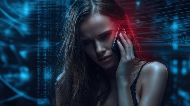 Woman with long hair talking on a smartphone in a dark futuristic virtual city environment with glowing blue and red accents