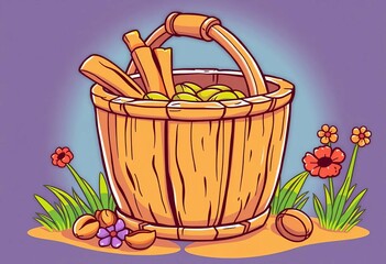 Retro cartoon illustration of a charming wooden line art bucket, wood, vintage