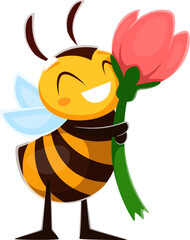 Cartoon honey bee funny character with flowers and happy face, vector little honeybee. Cute bee embracing flower with love for honey, bumblebee from beehive insect cheerful character for kids mascot