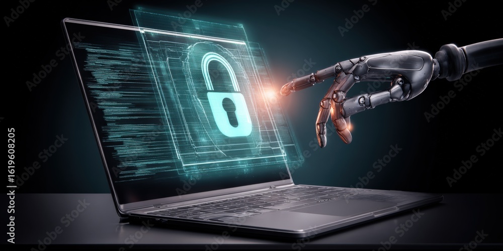 Poster advanced artificial ligence robotic hand interacting with secure digital lock on laptop screen for c