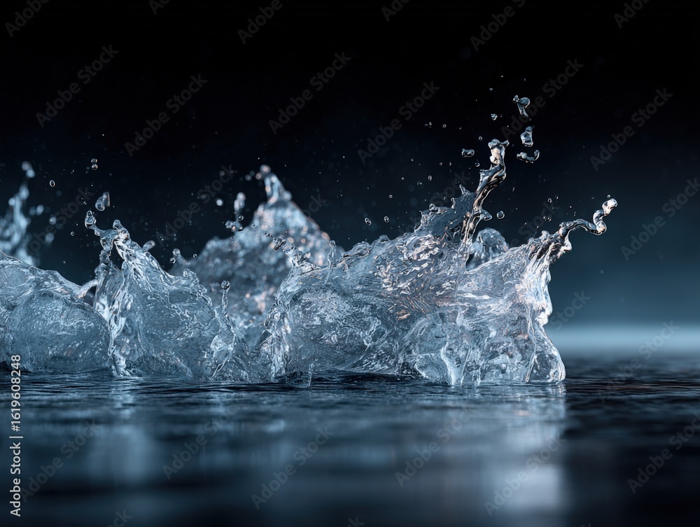 Poster close-up of water splash with droplets and ripples on a dark background captu motion and fluid dynam
