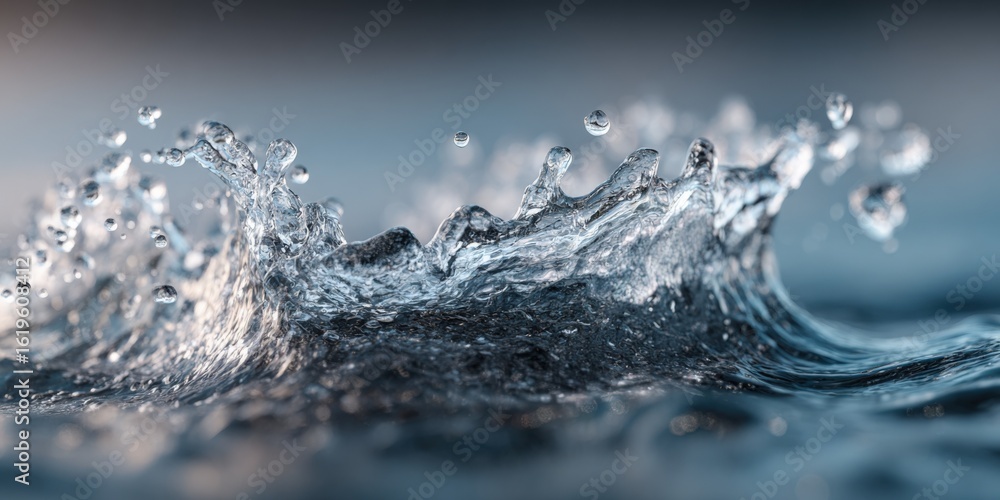 Poster close-up of dynamic water splash with droplets and ripples in motion demonstrating fluidity and natu