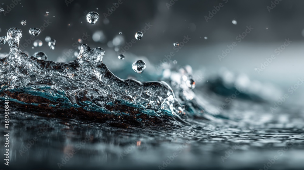 Poster close-up of water splash and droplets falling into the surface creating ripples and dynamic motion i