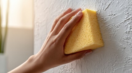 Hand Cleaning White Wall Surface with Yellow Sponge for Wall Maintenance and Surface Cleaning in Home or Office Setting