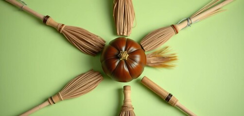 Six brooms form a circle around a chestnut on pastel green; Halloween/fall concept,  minimal,   autumnal