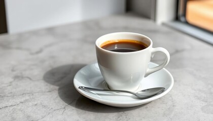 Sleek white porcelain coffee cup and saucer; minimalist design, perfect for cafes,   aesthetic,  tableware