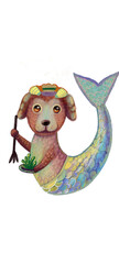 Charming mermaid dog in a coral hat holds a trident with seaweed. Bright, fantastic illustration for a children's book, stock, or web design. Watercolor, digital art, fantasy, fairy-tale character. 