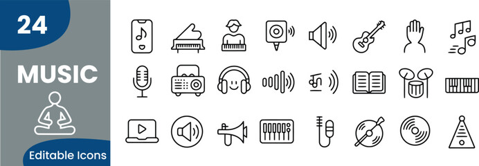 Collection of Music Related Editable Line Icons Musical Instruments and Audio Equipment f