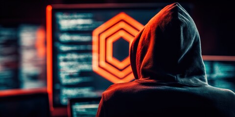 Person in hoodie using a computer with cybersecurity and digital hacking theme in a dark room with code on monitor and red neon hexagon symbol