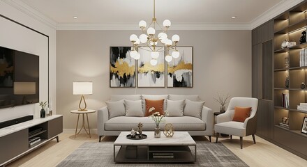 Photo of elegant living room interior with modern furniture and stylish decor