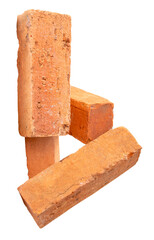 Side view of four cracked old red or orange bricks in stack isolated on white background with clipping path