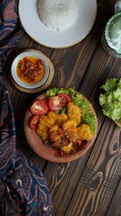 Chicken nugget with sambal, ayam geprek indonesian food crispy fried chicken with hot and spicy.