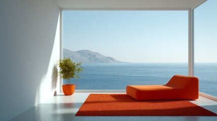 Fototapeta premium Modern minimalist seascape room, vibrant orange chaise echoes sunset whispers, perfect for Zen retreats or National Relaxation Day