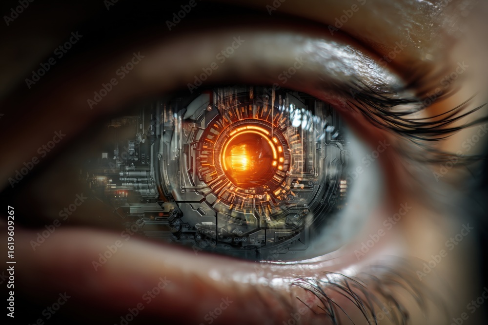 Poster close-up of a human eye with a futuristic cybernetic digital interface reflecting bright orange ligh