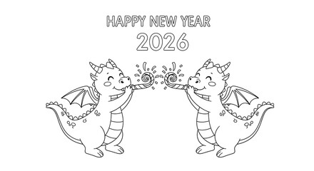 Fototapeta premium Adorable Cartoon Dragons Celebrating Happy New Year 2026: Line Art, Festive, Childlike.