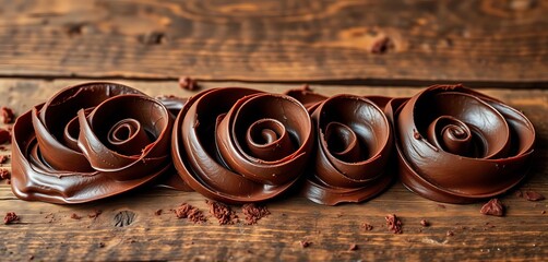 Swirls of dark chocolate curls artfully arranged on rustic wood,  image,  dark chocolate