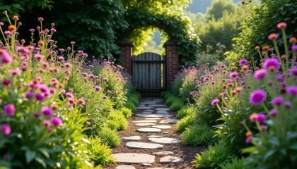 Secret Garden Pathway Through Blooming Flowers Rustic Wooden Gate and Sun-Dappled Leaves A Magical and Enchanting Escape