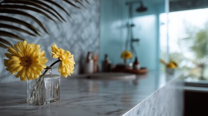 Bright Modern Bathroom Interior with Glass Shower Stall Yellow Flowers in Vase Marble Countertop and Tropical Plants