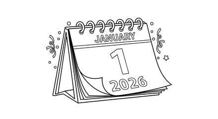 January 1st 2026 Desk Calendar: Festive, Line Art, New Year's Design
