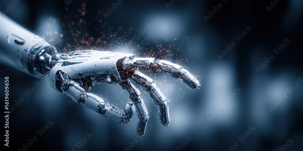 Poster highly detailed robotic hand reaching out in a futuristic digital environment with advanced mechanic