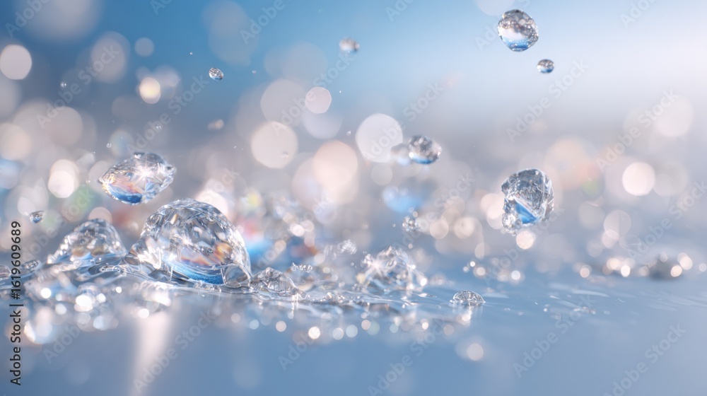 Poster close-up of water droplets splashing on surface with bright sunlight and bokeh background in a refre