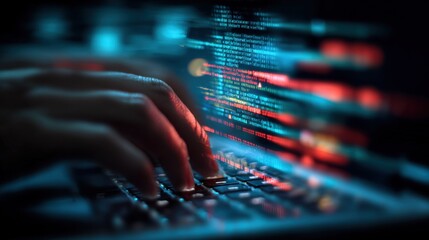 Close-up of hands typing on a keyboard with glowing computer code on a digital screen in a dark environment, cybersecurity and data protection concept