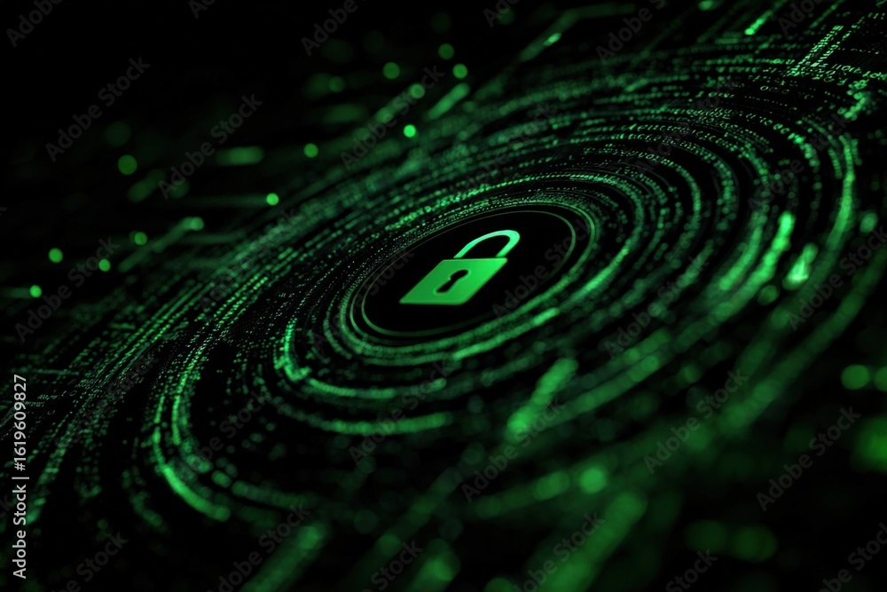 Poster digital cybersecurity concept with green cyber security lock icon surrounded by digital data particl