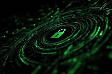 Digital cybersecurity concept with green cyber security lock icon surrounded by digital data particles in a high-tech cyberspace environment for online security