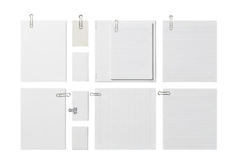 A meticulously arranged collage of various paper sheets, some flat, some creased, some ruled, with silver paper clips, against a transparent background from a flat lay top-down perspective. Concept of