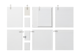 A meticulously arranged collage of various paper sheets, some flat, some creased, some ruled, with silver paper clips, against a transparent background from a flat lay top-down perspective. Concept of