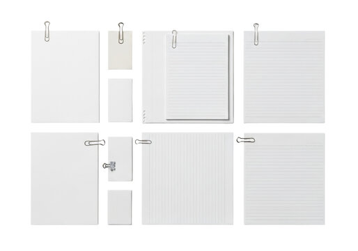 A meticulously arranged collage of various paper sheets, some flat, some creased, some ruled, with silver paper clips, against a transparent background from a flat lay top-down perspective. Concept of