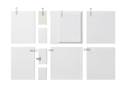 A meticulously arranged collage of various paper sheets, some flat, some creased, some ruled, with silver paper clips, against a transparent background from a flat lay top-down perspective. Concept of