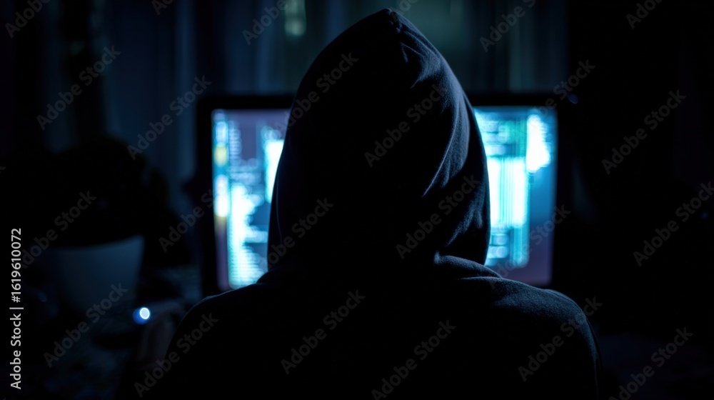 Poster person wea hoodie sitting in front of multiple computer screens in dark room working on cybersecurit