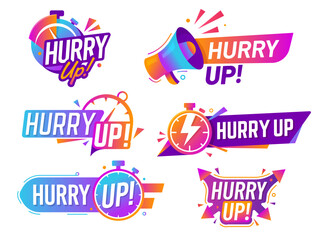 Fototapeta na wymiar Hurry up icons set, vector labels with stopwatch, megaphone and dynamic shapes in bold gradient colors, convey urgency, speed and energetic action in promotional, sale or marketing last minute offers