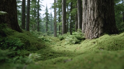 Fototapeta premium Enchanted mossy woodland carpet, verdant tranquility invites forest bathing, earthy solitude, whispers of Lughnasadh, Celtic tree rituals