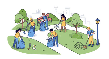 Diverse group of volunteers cleaning up a park, collecting litter and debris.