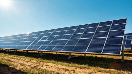Bifacial. Solar panels blue cells green grass sunny sky renewable ener
