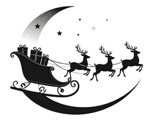 Minimalist Santa Sleigh and Reindeer Silhouette in Crescent Formation, Elegant Modern Style, Isolated PNG (3)