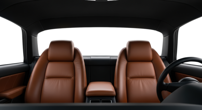 Brown leather car seats and steering wheel inside a modern vehicle isolate