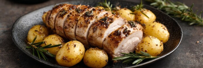Juicy herb-crusted pork tenderloin with roasted potatoes, tantalizing autumn feast, Samhain harvest celebration, rustic culinary artistry