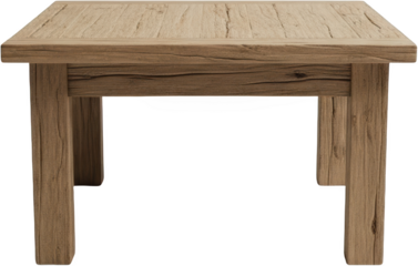 Rustic wooden table with visible grain texture four sturdy legs and a weathered surface transparent background